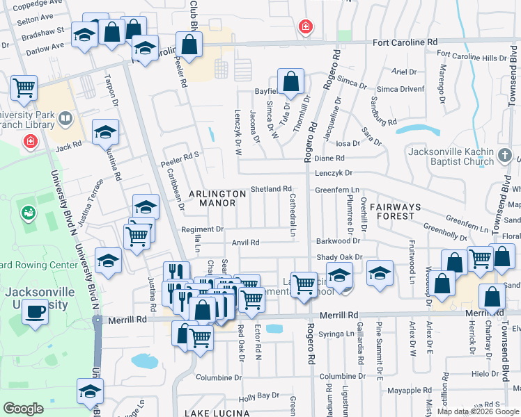 map of restaurants, bars, coffee shops, grocery stores, and more near 3214 Fiesta Lane in Jacksonville