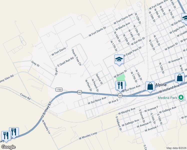 map of restaurants, bars, coffee shops, grocery stores, and more near 708 North Peach Street in Alpine