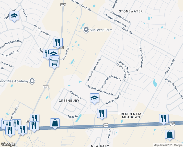 map of restaurants, bars, coffee shops, grocery stores, and more near 14004 Lyndon B Johnson Street in Manor
