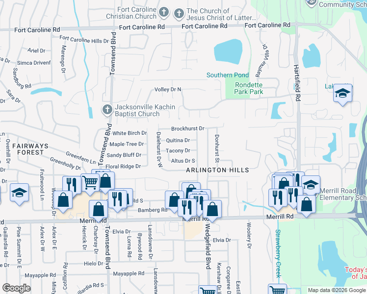 map of restaurants, bars, coffee shops, grocery stores, and more near 7548 Tacony Drive in Jacksonville