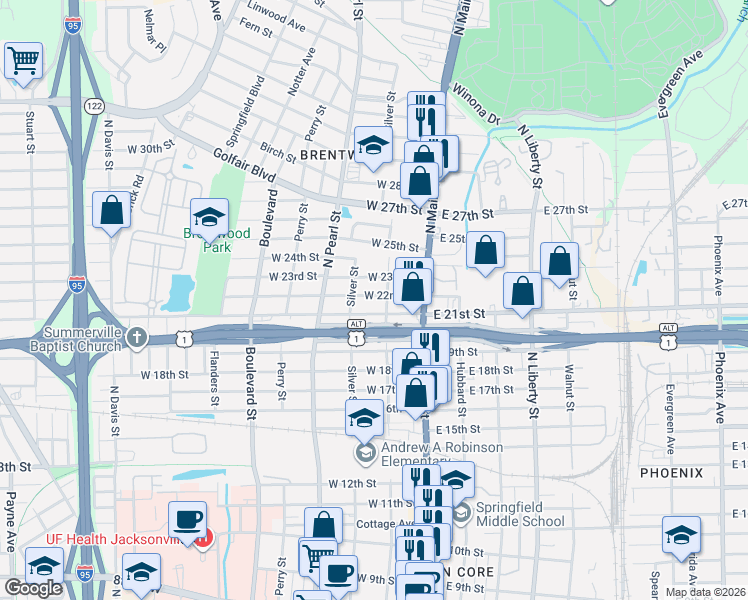 map of restaurants, bars, coffee shops, grocery stores, and more near 98 West 21st Street in Jacksonville