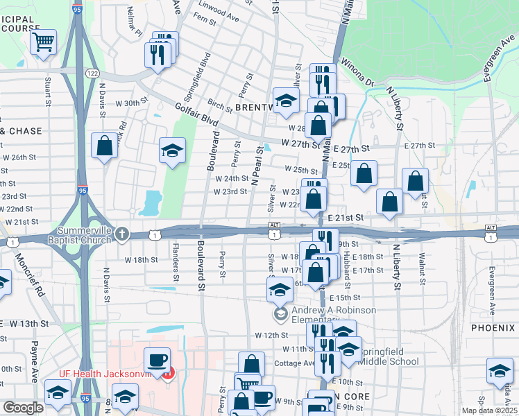 map of restaurants, bars, coffee shops, grocery stores, and more near 3021 Silver Street in Jacksonville