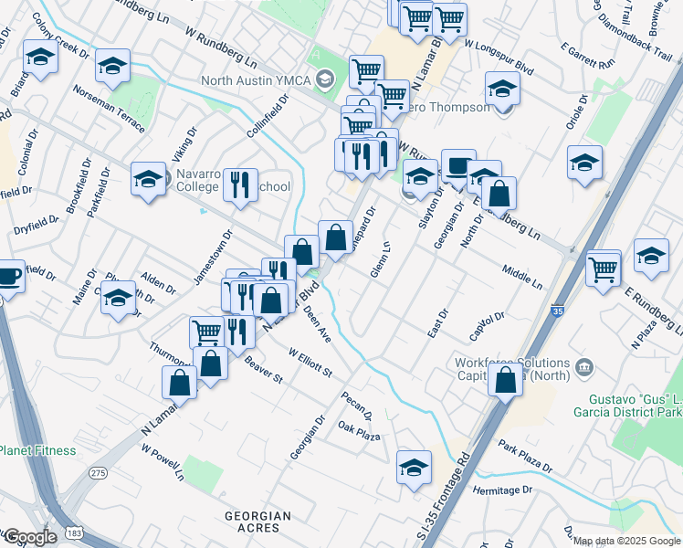 map of restaurants, bars, coffee shops, grocery stores, and more near 8827 North Lamar Boulevard in Austin