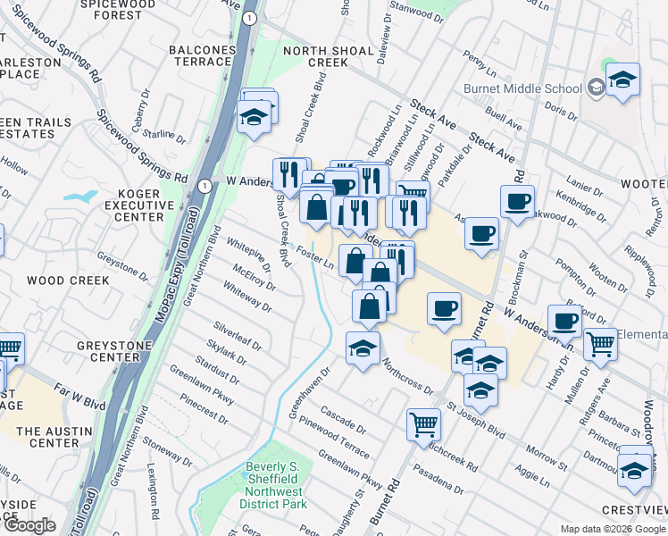map of restaurants, bars, coffee shops, grocery stores, and more near 2819 Foster Lane in Austin