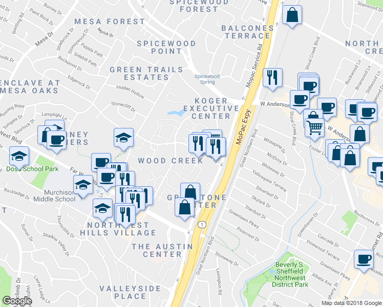 map of restaurants, bars, coffee shops, grocery stores, and more near 3435 Greystone Drive in Austin
