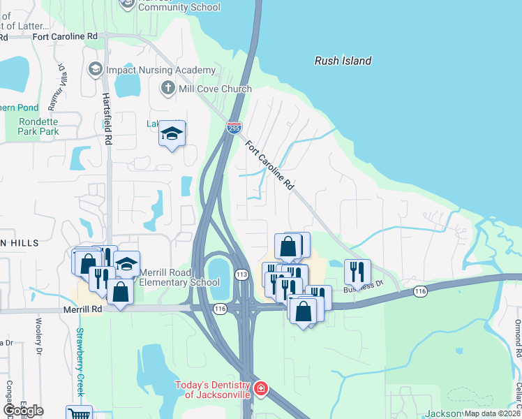 map of restaurants, bars, coffee shops, grocery stores, and more near 9144 Caroline Ridge Lane East in Jacksonville