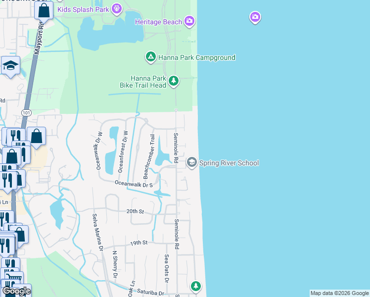 map of restaurants, bars, coffee shops, grocery stores, and more near 53 Oceanside Drive in Atlantic Beach
