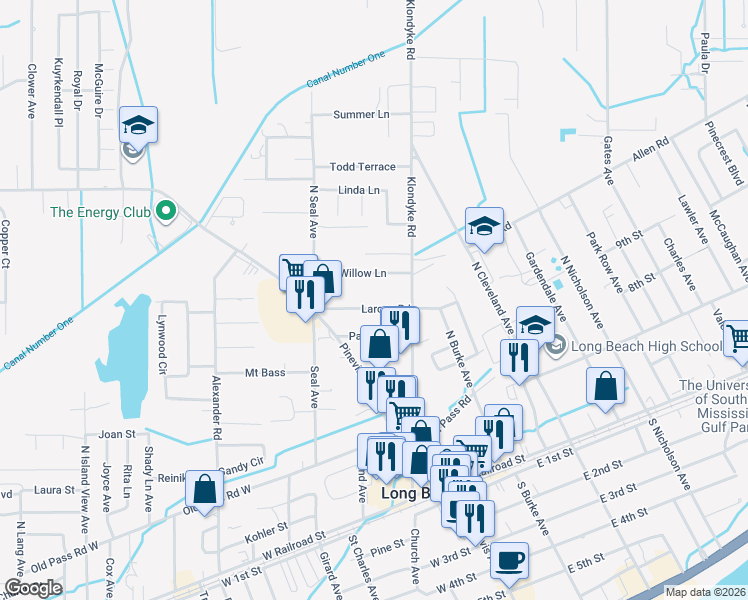 map of restaurants, bars, coffee shops, grocery stores, and more near 195 Larosa Road in Long Beach