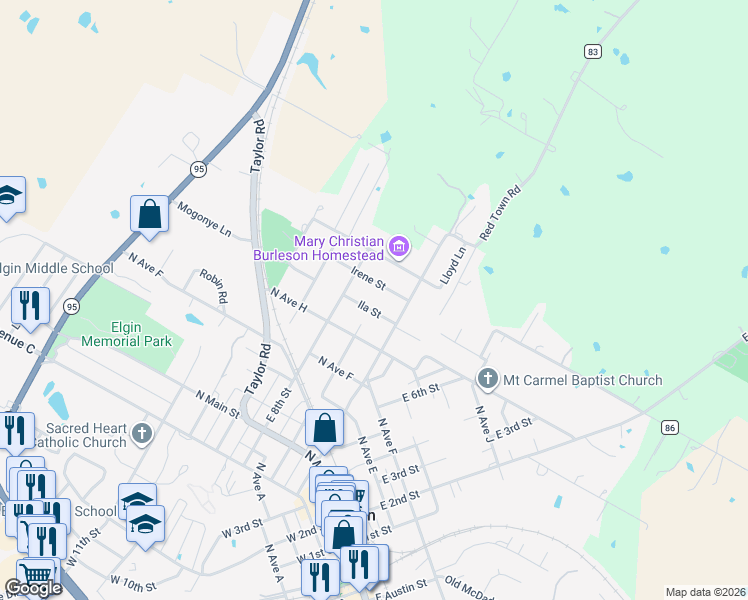 map of restaurants, bars, coffee shops, grocery stores, and more near 109 Ila Street in Elgin