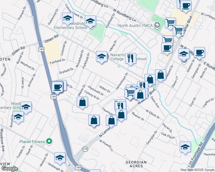 map of restaurants, bars, coffee shops, grocery stores, and more near 1002 Alden Drive in Austin