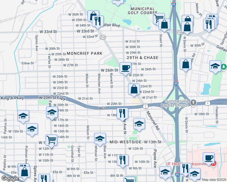 map of restaurants, bars, coffee shops, grocery stores, and more near 1359 West 22nd Street in Jacksonville