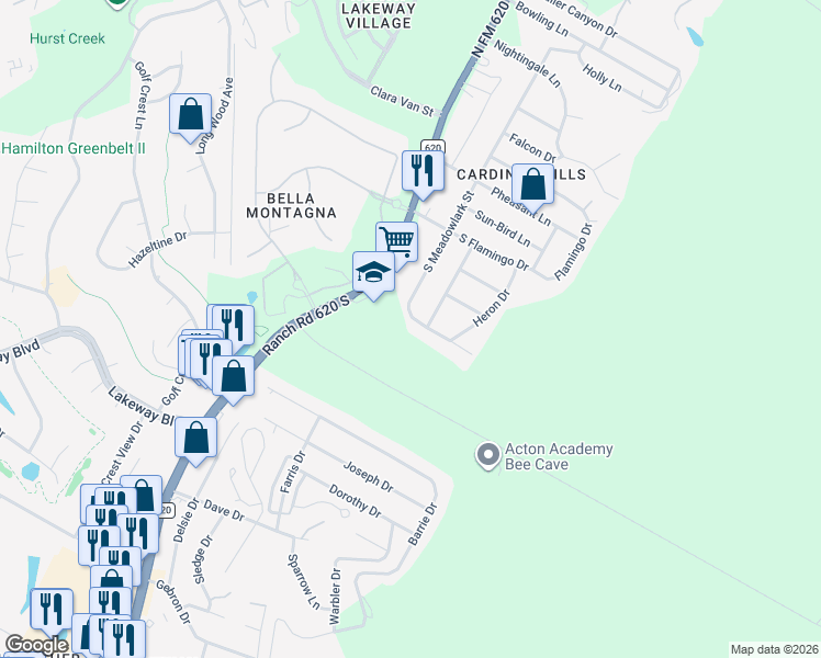 map of restaurants, bars, coffee shops, grocery stores, and more near 522 Meadowlark Street in Lakeway