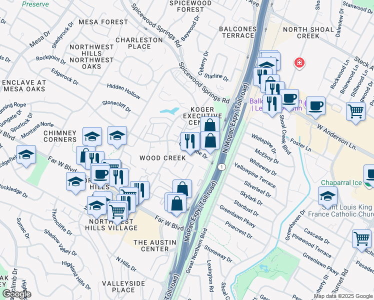 map of restaurants, bars, coffee shops, grocery stores, and more near 3459 Greystone Drive in Austin