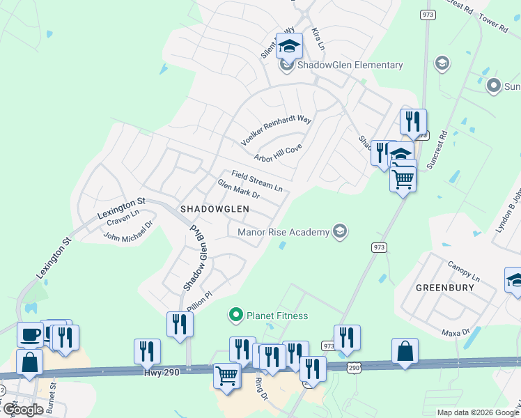 map of restaurants, bars, coffee shops, grocery stores, and more near 13813 Long Shadow Drive in Manor