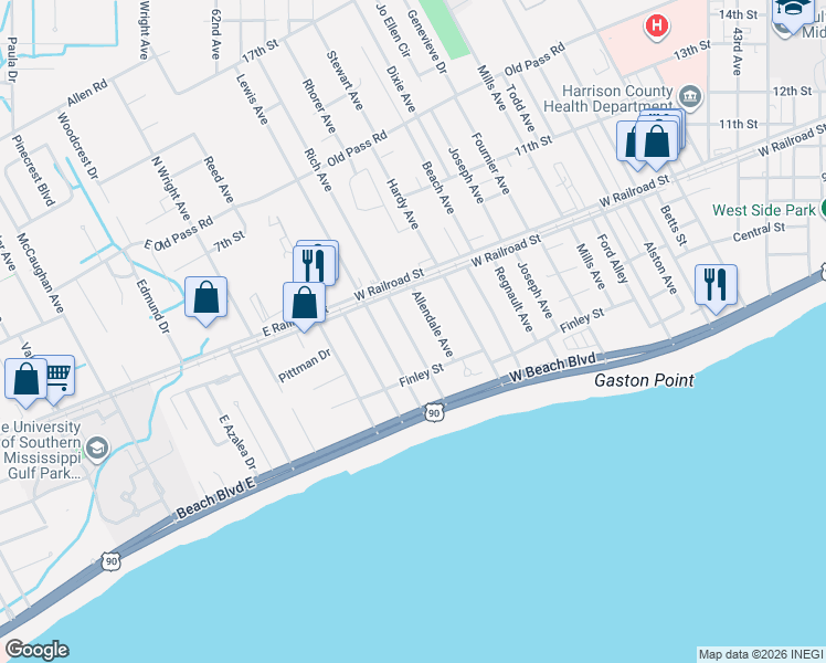 map of restaurants, bars, coffee shops, grocery stores, and more near 707 Rich Avenue in Gulfport