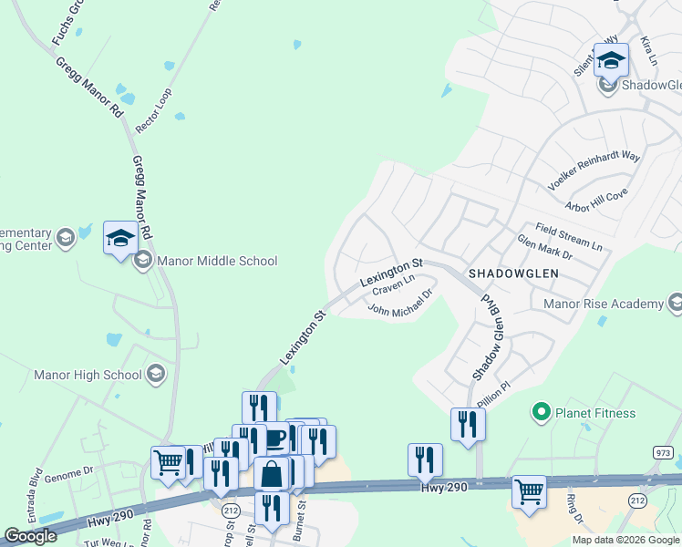 map of restaurants, bars, coffee shops, grocery stores, and more near 16901 Christina Garza Drive in Manor