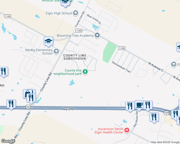 map of restaurants, bars, coffee shops, grocery stores, and more near 614 Lavaca Loop in Elgin