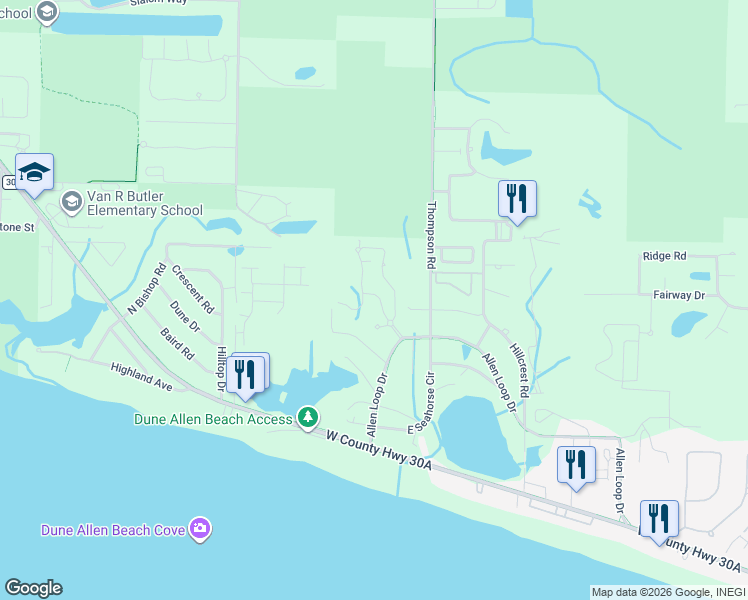 map of restaurants, bars, coffee shops, grocery stores, and more near 79 Gulfwinds Way in Santa Rosa Beach