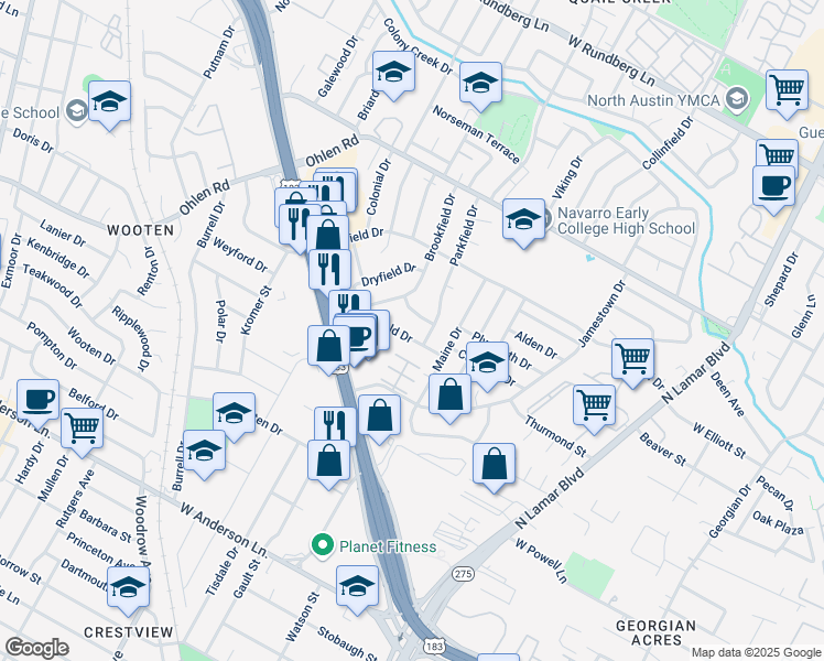 map of restaurants, bars, coffee shops, grocery stores, and more near 1300 Clearfield Drive in Austin