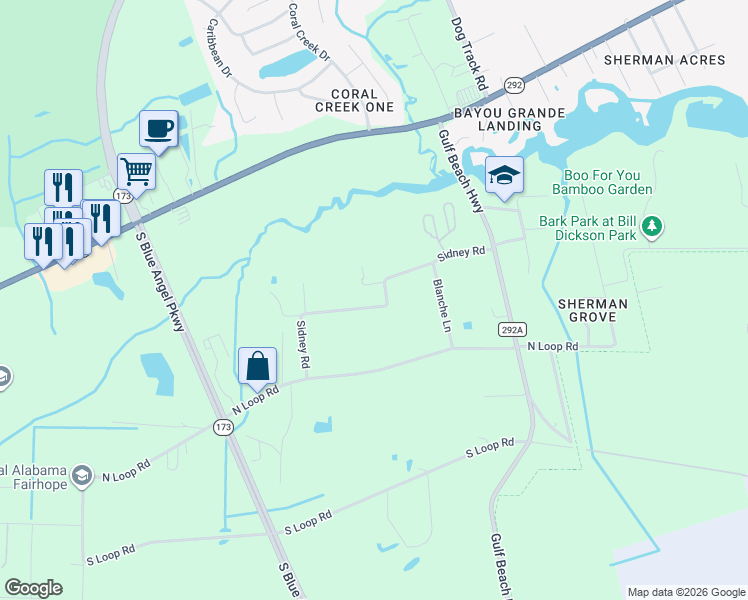 map of restaurants, bars, coffee shops, grocery stores, and more near 9641 Sidney Road in Pensacola