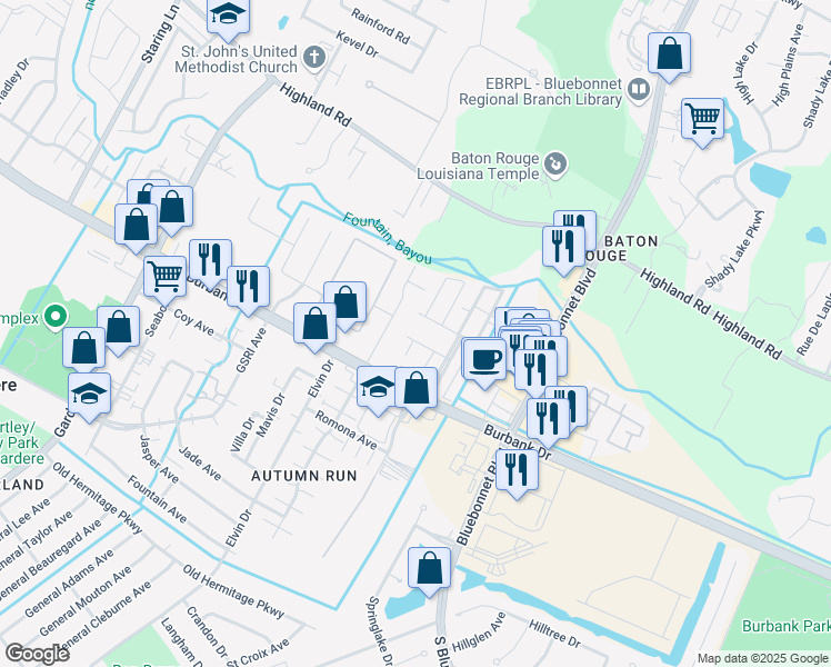 map of restaurants, bars, coffee shops, grocery stores, and more near 10121 Stonehaven Avenue in Baton Rouge