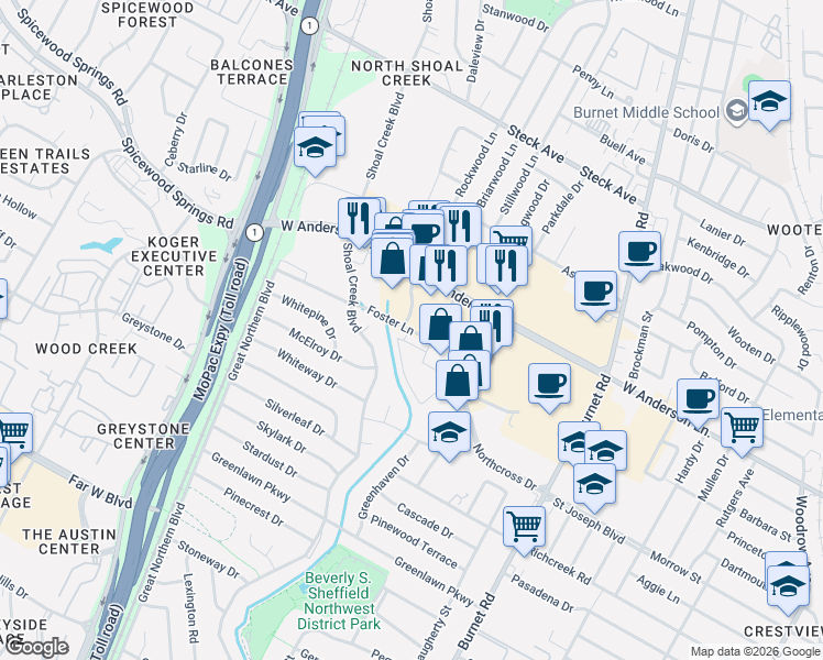 map of restaurants, bars, coffee shops, grocery stores, and more near 2819 Foster Lane in Austin