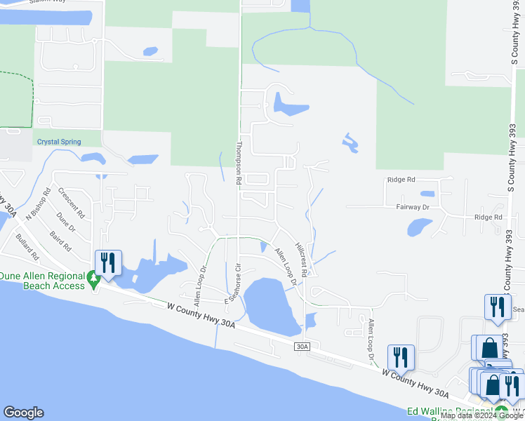 map of restaurants, bars, coffee shops, grocery stores, and more near 110 Courtyard Circle in Santa Rosa Beach