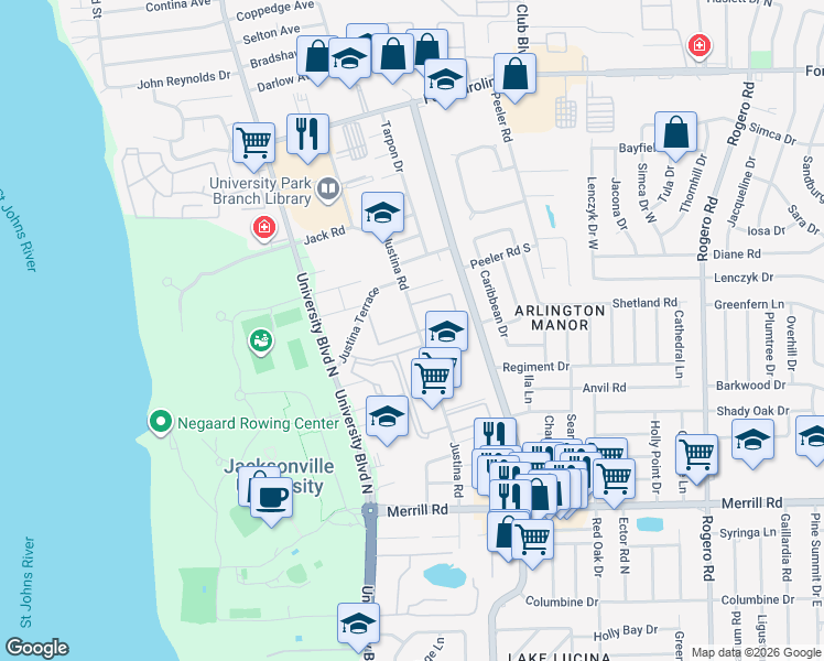 map of restaurants, bars, coffee shops, grocery stores, and more near 5755 Bourbon Alley South in Jacksonville