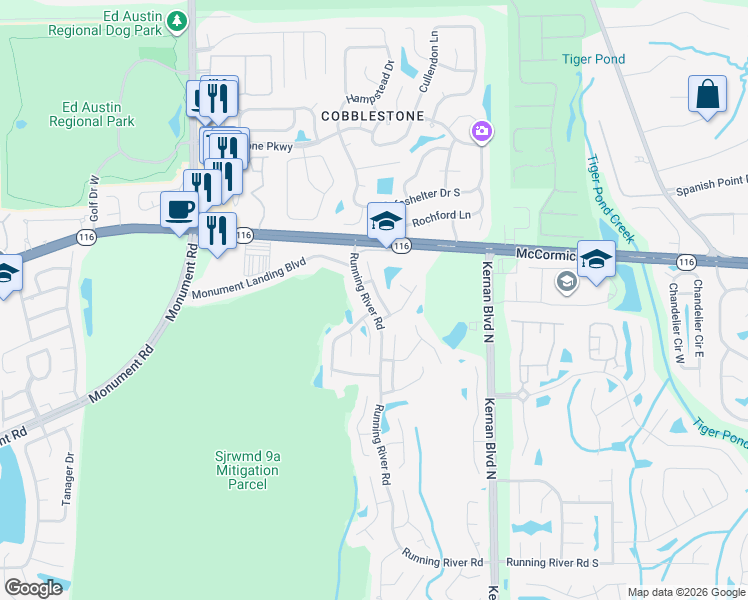 map of restaurants, bars, coffee shops, grocery stores, and more near 1861 Rambling Ridge Lane in Jacksonville