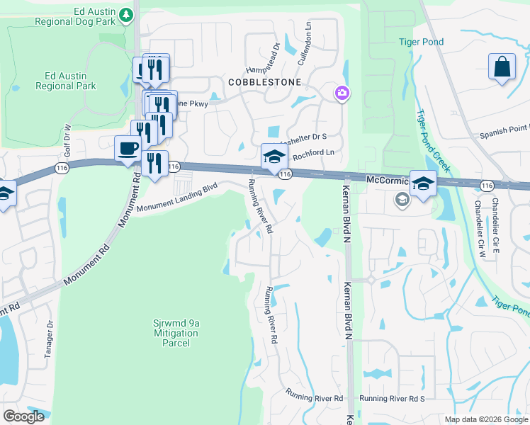 map of restaurants, bars, coffee shops, grocery stores, and more near 1861 Rambling Ridge Lane in Jacksonville