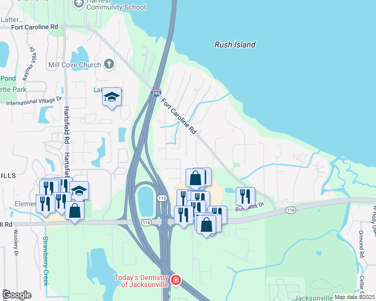 map of restaurants, bars, coffee shops, grocery stores, and more near 3459 Caroline Ridge Lane East in Jacksonville
