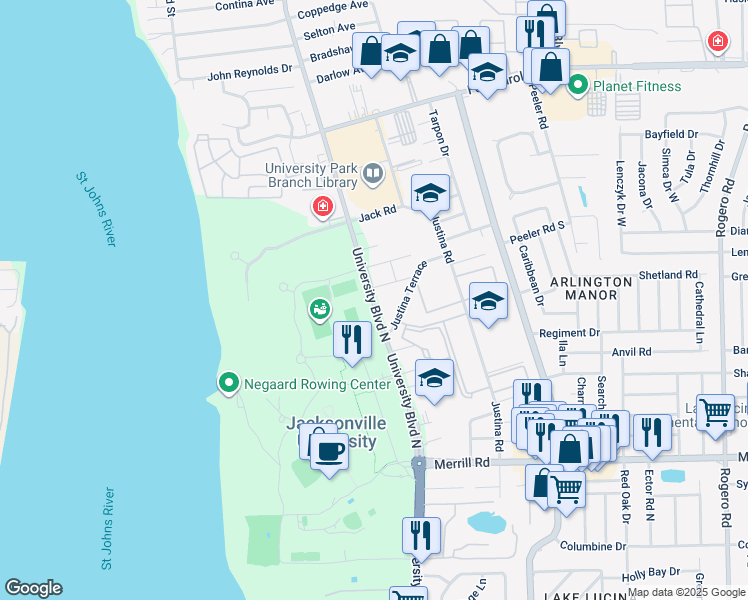map of restaurants, bars, coffee shops, grocery stores, and more near 3260 University Blvd N in Jacksonville