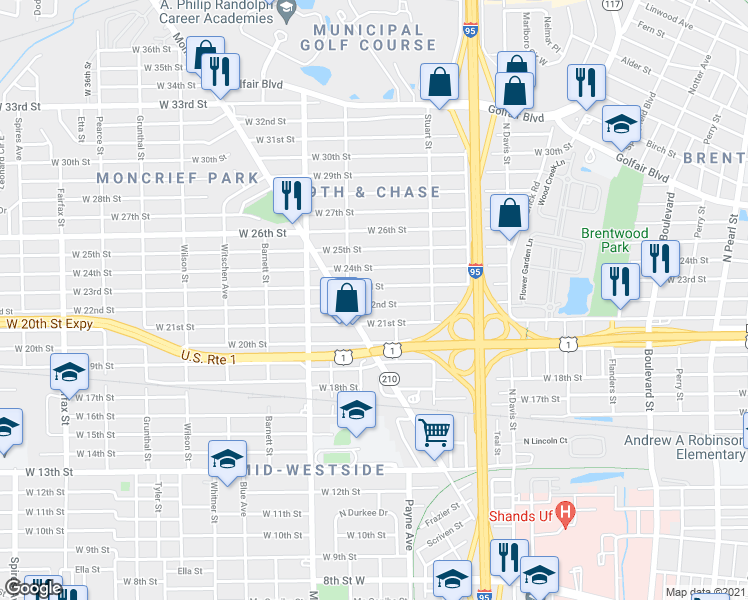 map of restaurants, bars, coffee shops, grocery stores, and more near 1195 West 21st Street in Jacksonville