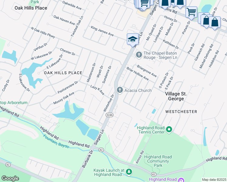 map of restaurants, bars, coffee shops, grocery stores, and more near 10116 Siegen Lane in Baton Rouge