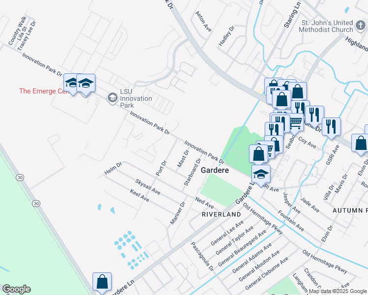map of restaurants, bars, coffee shops, grocery stores, and more near 1638 Starboard Drive in Baton Rouge