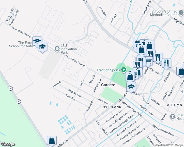 map of restaurants, bars, coffee shops, grocery stores, and more near 1717 Port Drive in Baton Rouge
