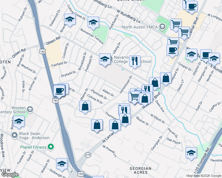 map of restaurants, bars, coffee shops, grocery stores, and more near 1002 Alden Drive in Austin