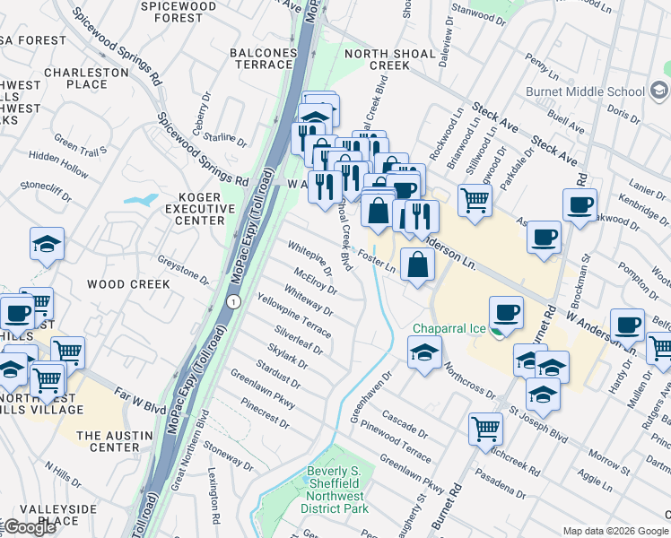 map of restaurants, bars, coffee shops, grocery stores, and more near 3004 McElroy Drive in Austin