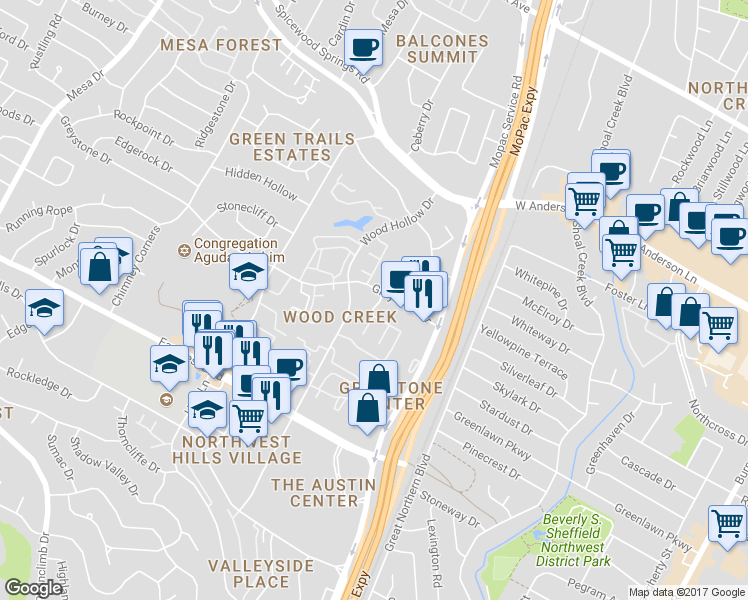 map of restaurants, bars, coffee shops, grocery stores, and more near 3435 Greystone Drive in Austin
