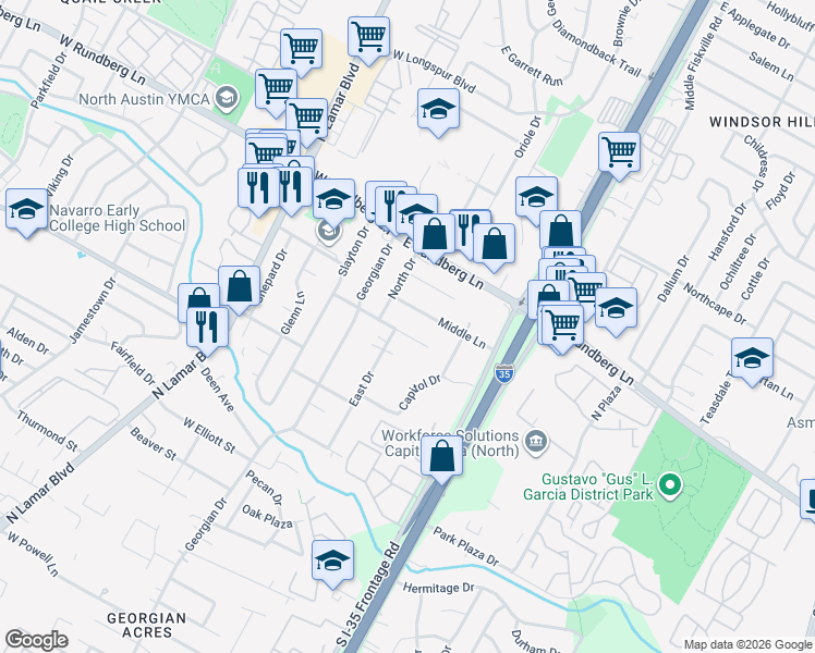 map of restaurants, bars, coffee shops, grocery stores, and more near 9011 East Drive in Austin