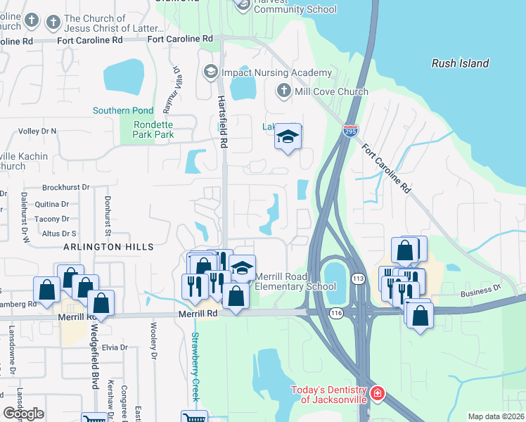 map of restaurants, bars, coffee shops, grocery stores, and more near 3218 Abbeyfield Drive East in Jacksonville