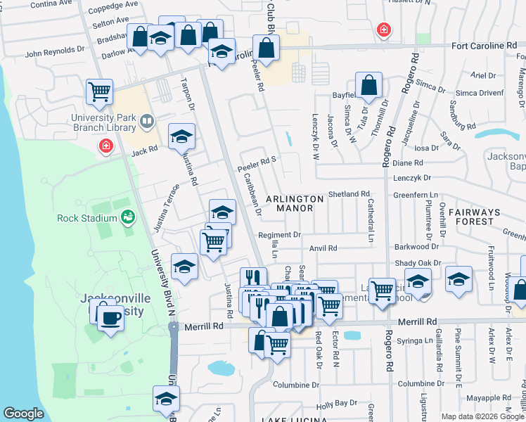 map of restaurants, bars, coffee shops, grocery stores, and more near 5928 Caribbean Drive South in Jacksonville