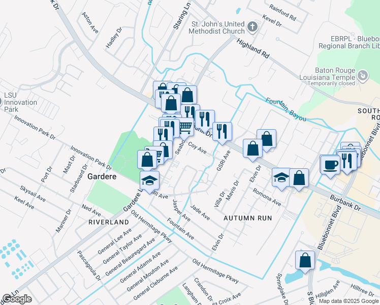 map of restaurants, bars, coffee shops, grocery stores, and more near 8686 Coy Avenue in Baton Rouge