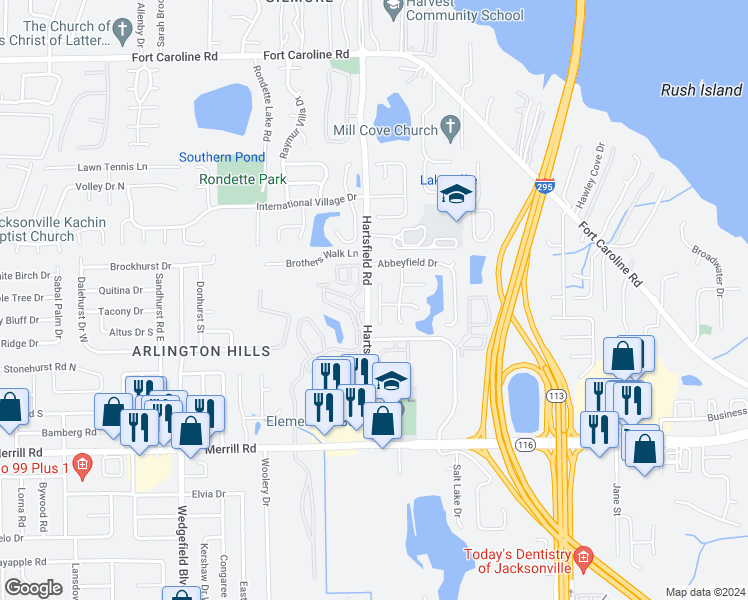 map of restaurants, bars, coffee shops, grocery stores, and more near 3272 Lake Effie Court North in Jacksonville