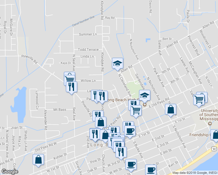 map of restaurants, bars, coffee shops, grocery stores, and more near 307 Larosa Road in Long Beach