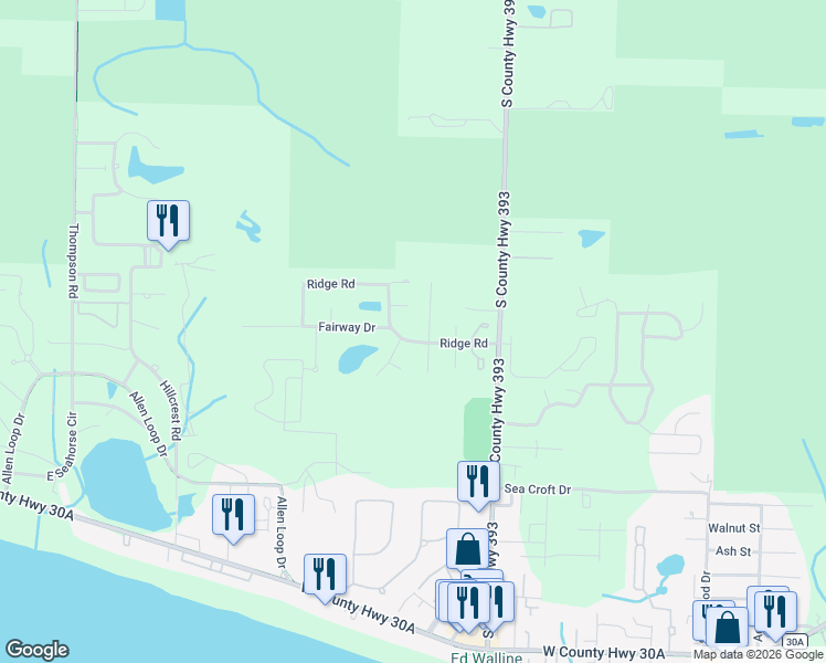 map of restaurants, bars, coffee shops, grocery stores, and more near 15 Fox Circle in Santa Rosa Beach