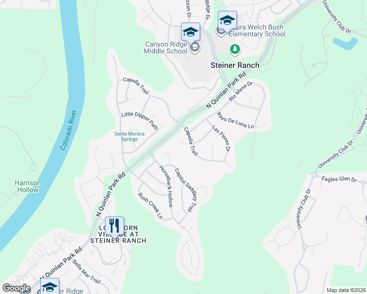 map of restaurants, bars, coffee shops, grocery stores, and more near 12313 Capella Trail in Austin