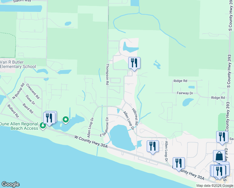 map of restaurants, bars, coffee shops, grocery stores, and more near 53 Courtyard Circle in Santa Rosa Beach