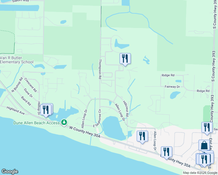 map of restaurants, bars, coffee shops, grocery stores, and more near 53 Courtyard Circle in Santa Rosa Beach
