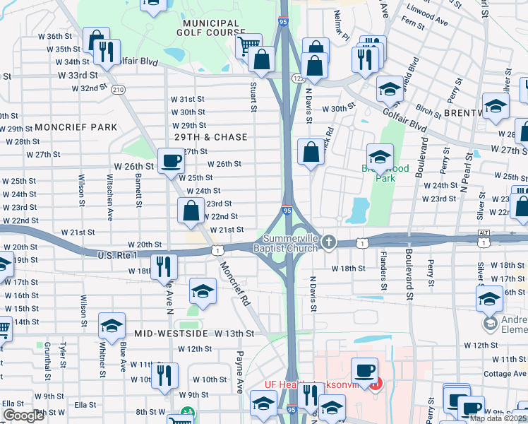 map of restaurants, bars, coffee shops, grocery stores, and more near 1055 West 23rd Street in Jacksonville